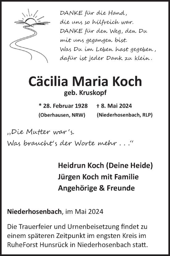 Traueranzeige von Cäcilia  Koch von WochenSpiegel