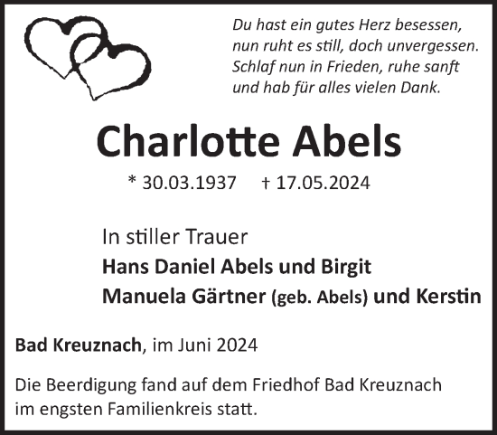 Traueranzeige von Charlotte Abels von WochenSpiegel