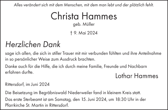 Traueranzeige von Christa Hammes von WochenSpiegel