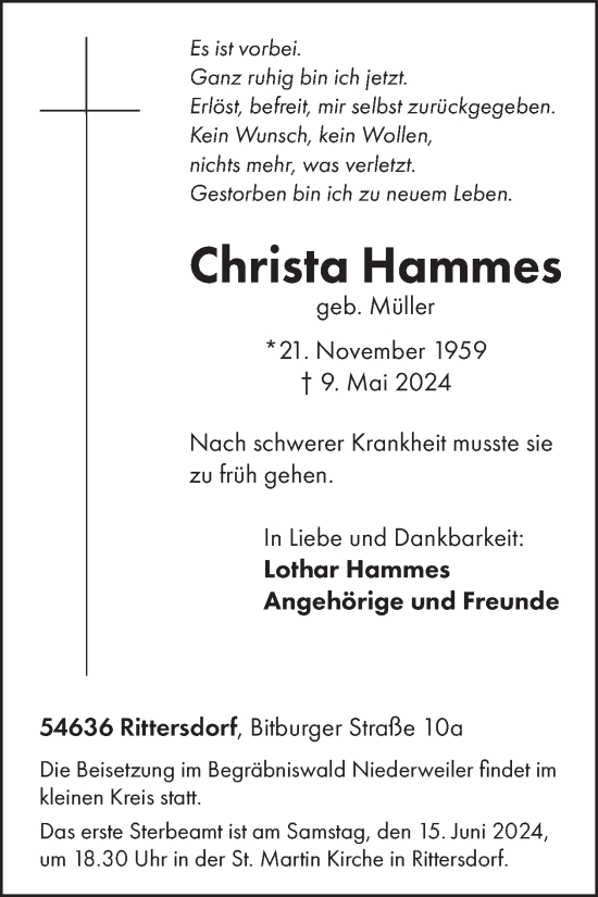 Traueranzeige von Christa Hammes von WochenSpiegel