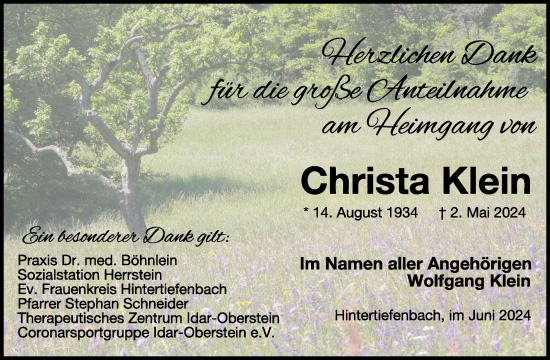 Traueranzeige von Christa Klein von WochenSpiegel