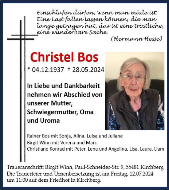 Traueranzeige von Christel Bos von WochenSpiegel