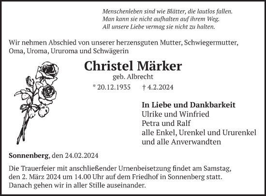 Traueranzeige von Christel Märker von WochenSpiegel