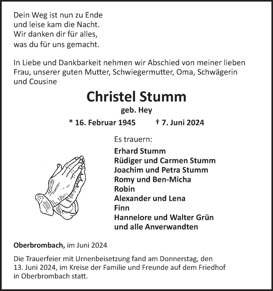  Traueranzeige für Christel Stumm vom 15.06.2024 aus WochenSpiegel