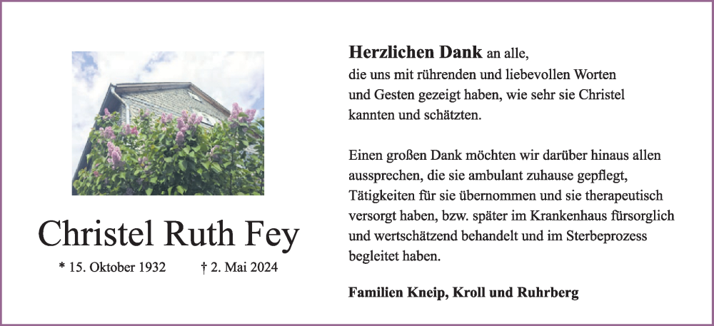  Traueranzeige für Christel Ruth Fey vom 08.06.2024 aus WochenSpiegel