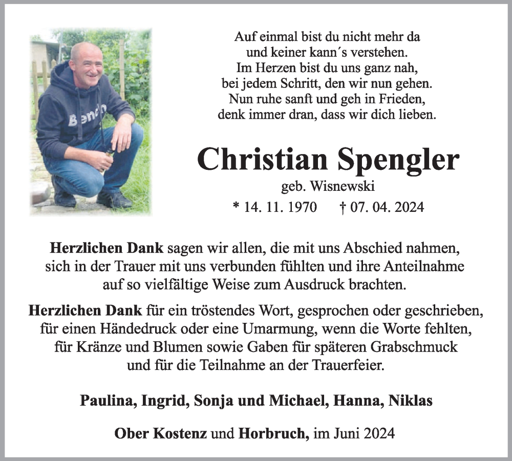  Traueranzeige für Christian Spengler vom 01.06.2024 aus WochenSpiegel