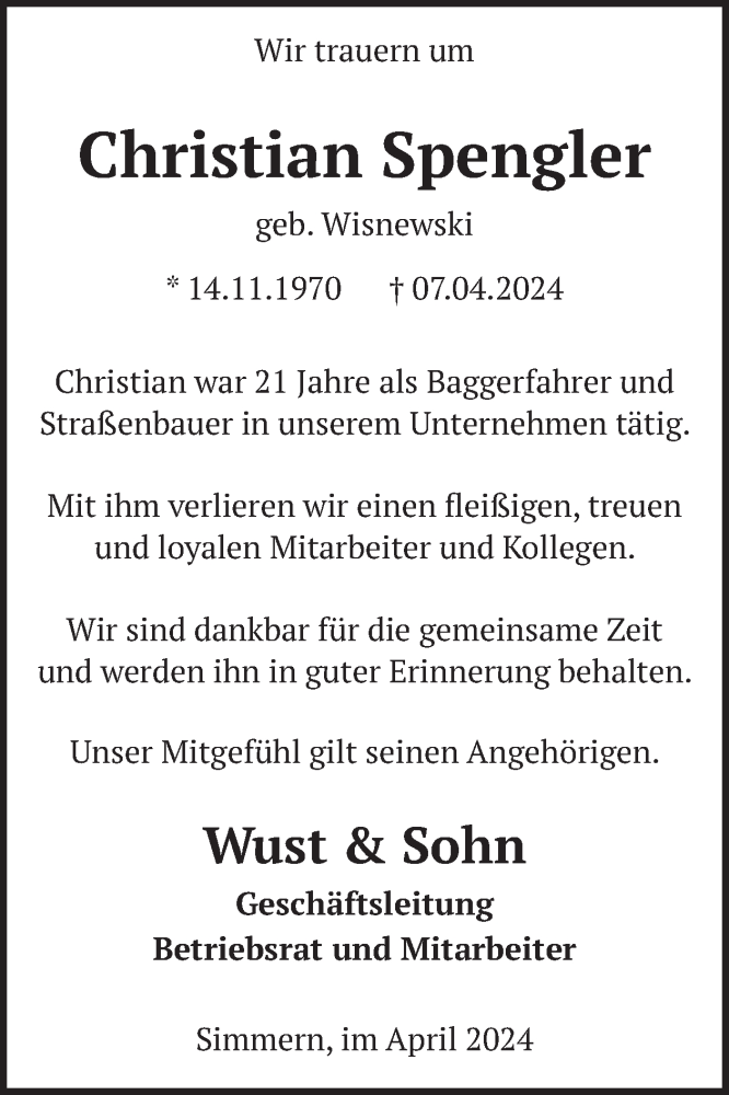  Traueranzeige für Christian Spengler vom 27.04.2024 aus WochenSpiegel