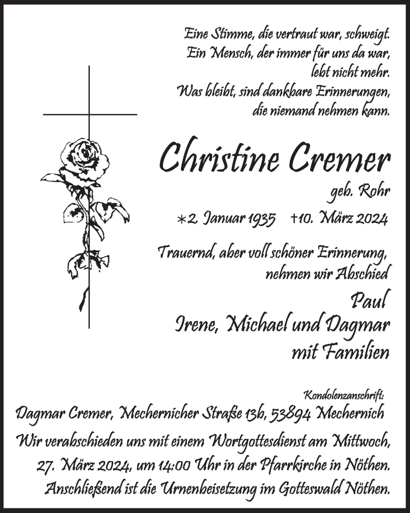  Traueranzeige für Christine Cremer vom 20.03.2024 aus WochenSpiegel
