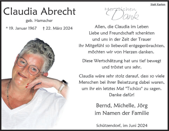 Traueranzeige von Claudia Abrecht von WochenSpiegel