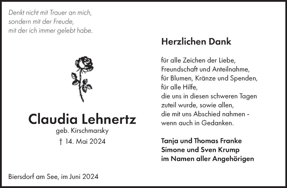  Traueranzeige für Claudia Lehnertz vom 28.06.2024 aus WochenSpiegel