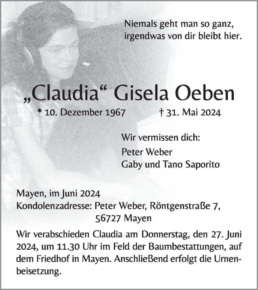  Traueranzeige für Claudia Oeben vom 19.06.2024 aus WochenSpiegel