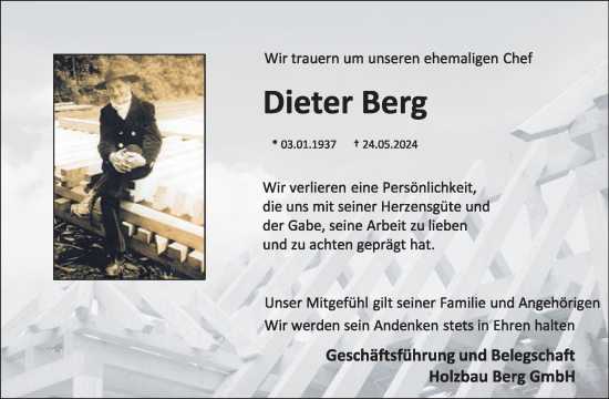 Traueranzeige von Dieter Berg von WochenSpiegel