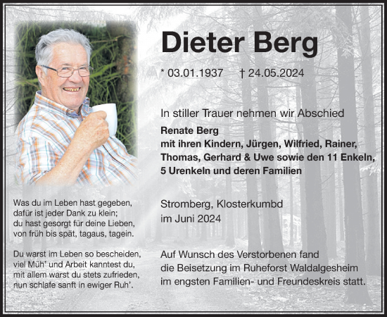 Traueranzeige von Dieter Berg von WochenSpiegel