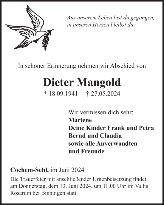 Traueranzeige von Dieter Mangold von WochenSpiegel