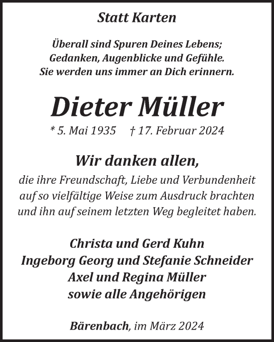 Traueranzeige von Dieter Müller von WochenSpiegel