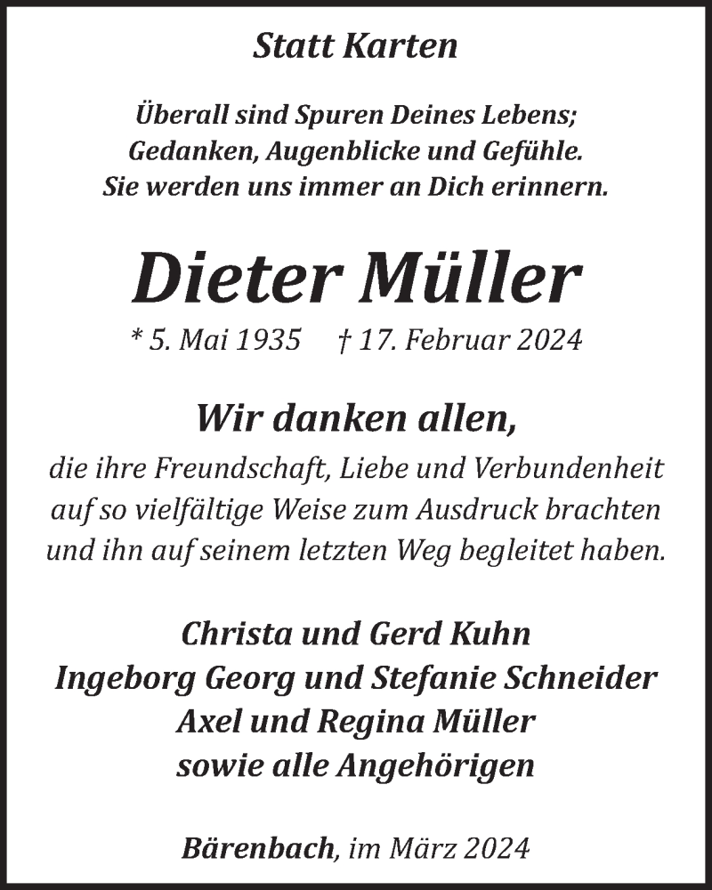  Traueranzeige für Dieter Müller vom 23.03.2024 aus WochenSpiegel
