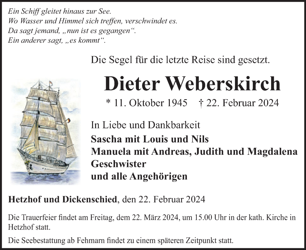  Traueranzeige für Dieter Weberskirch vom 15.03.2024 aus WochenSpiegel