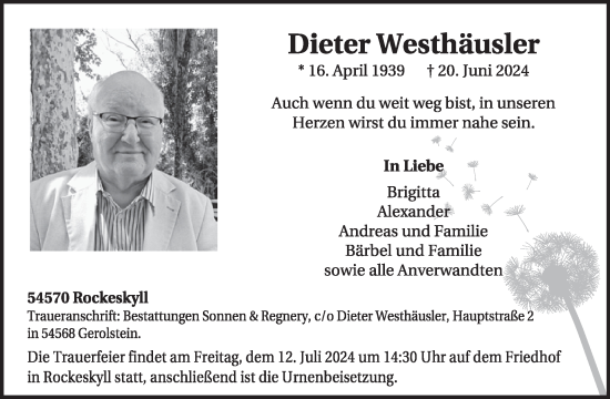 Traueranzeige von Dieter Westhäusler von WochenSpiegel