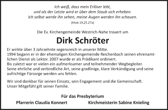 Traueranzeige von Dirk Schröter von WochenSpiegel