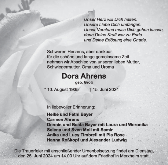 Traueranzeige von Dora Ahrens von WochenSpiegel