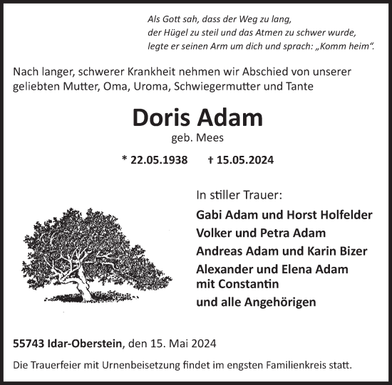 Traueranzeige von Doris Adam von WochenSpiegel