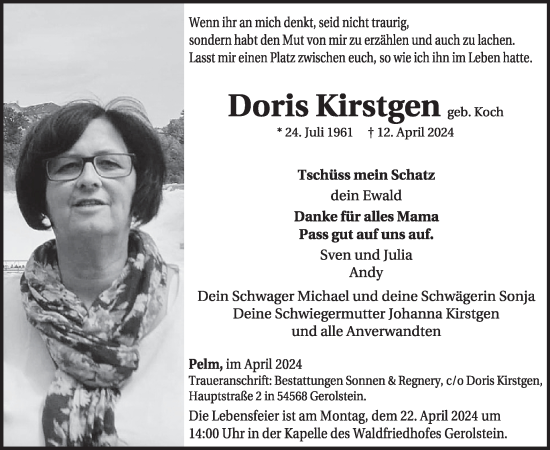 Traueranzeige von Doris Kirstgen von WochenSpiegel