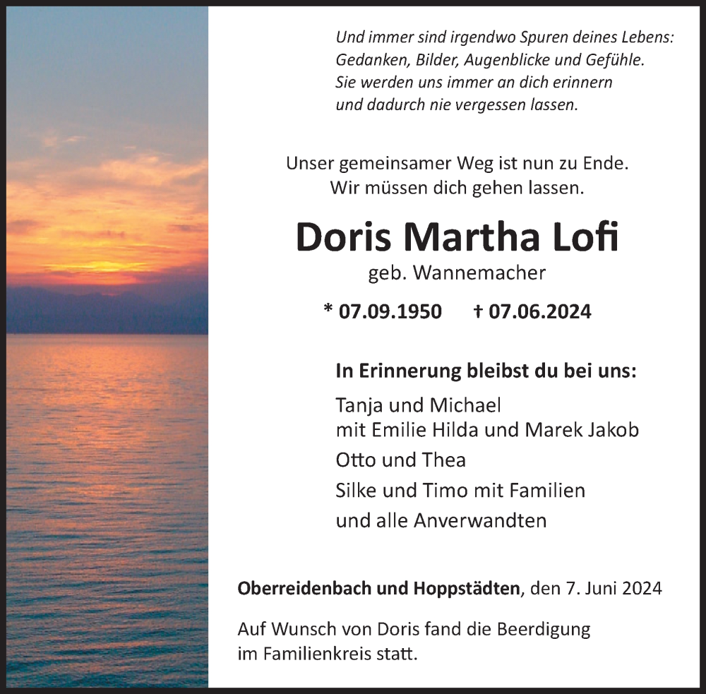  Traueranzeige für Doris Martha Lofi vom 15.06.2024 aus WochenSpiegel