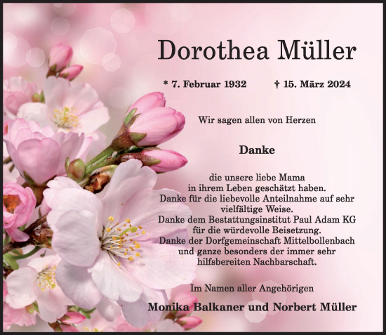 Traueranzeige von Dorothea Müller von WochenSpiegel