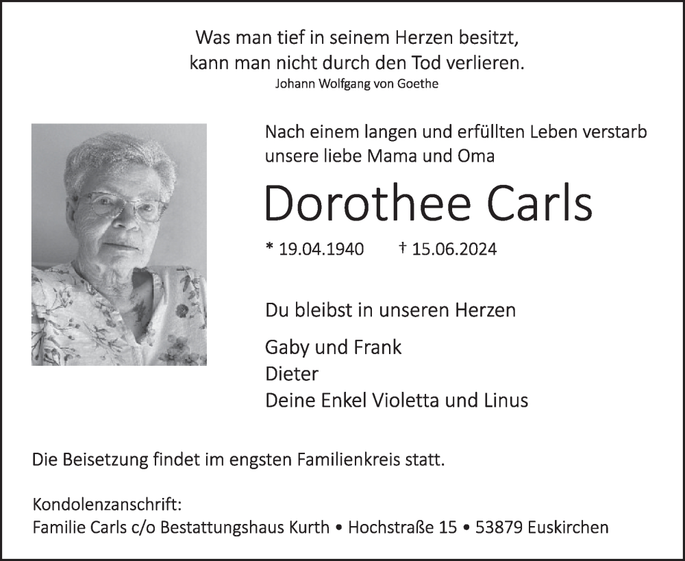  Traueranzeige für Dorothee Carls vom 26.06.2024 aus WochenSpiegel
