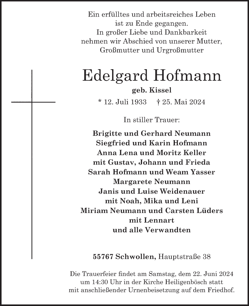  Traueranzeige für Edelgard Hofmann vom 08.06.2024 aus WochenSpiegel
