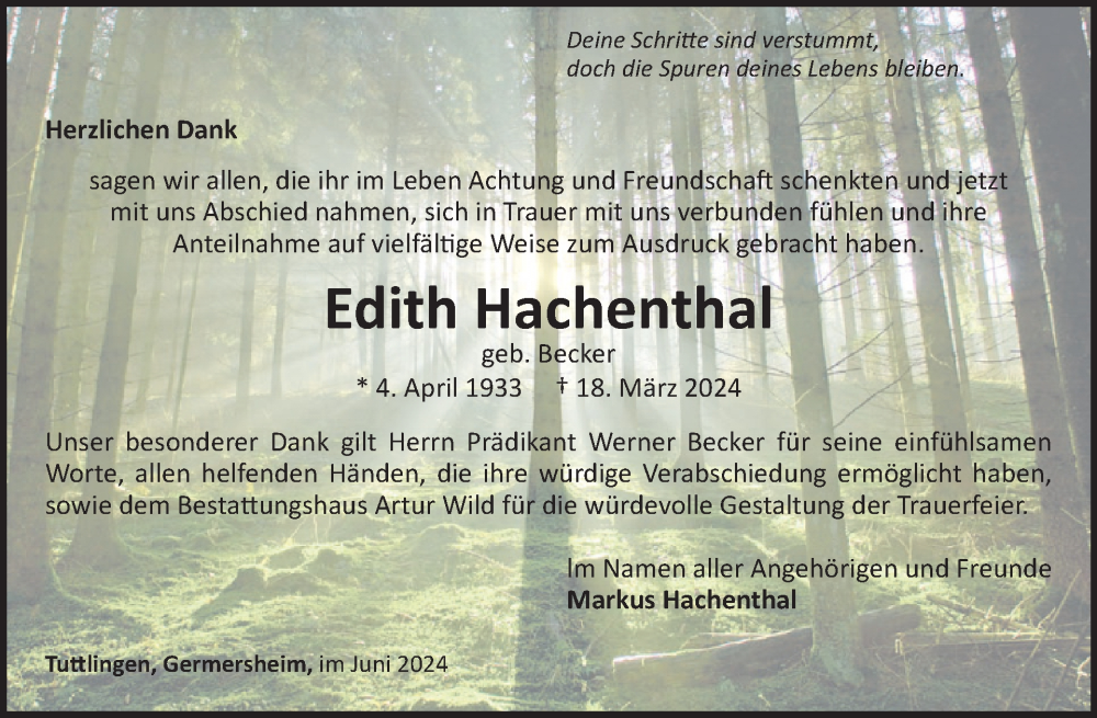  Traueranzeige für Edith Hachenthal vom 08.06.2024 aus WochenSpiegel