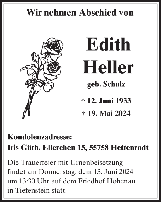 Traueranzeige von Edith Heller von WochenSpiegel