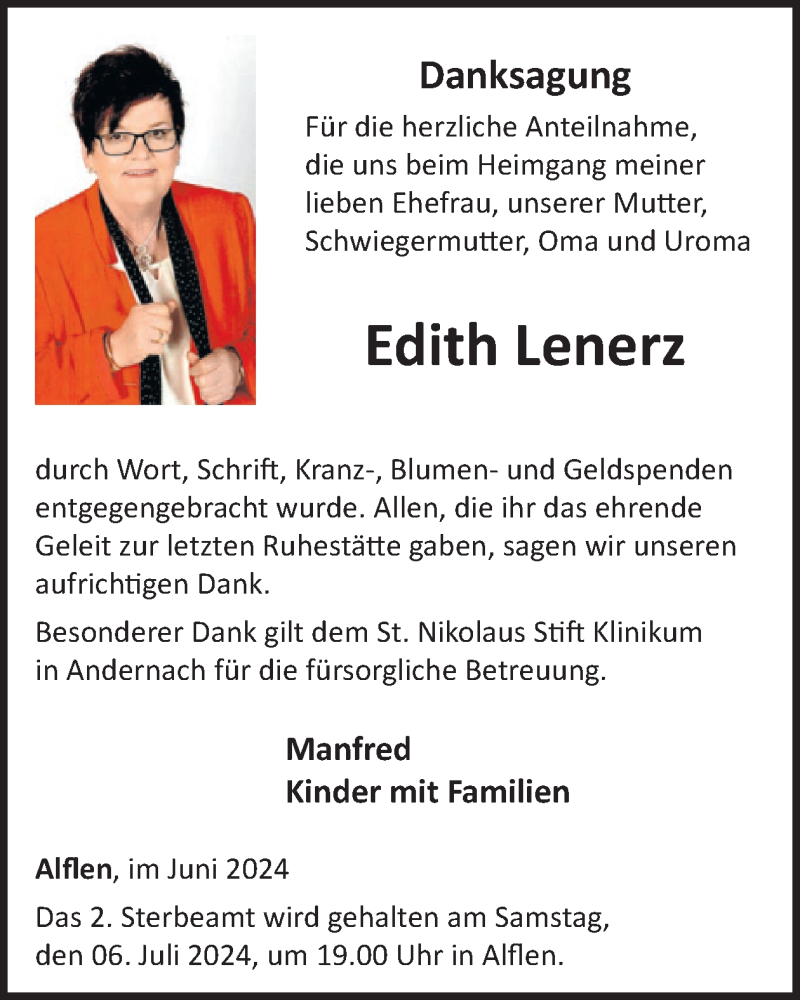  Traueranzeige für Edith Lenerz vom 26.06.2024 aus WochenSpiegel