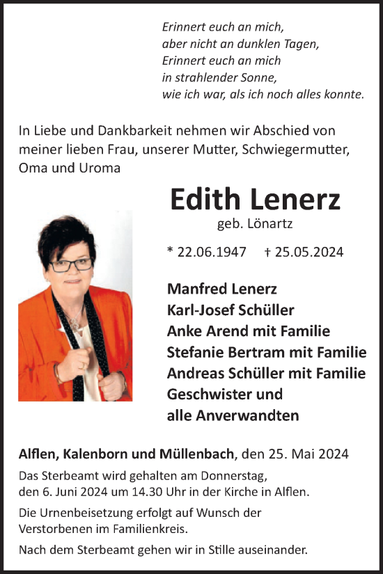 Traueranzeige von Edith Lenerz von WochenSpiegel
