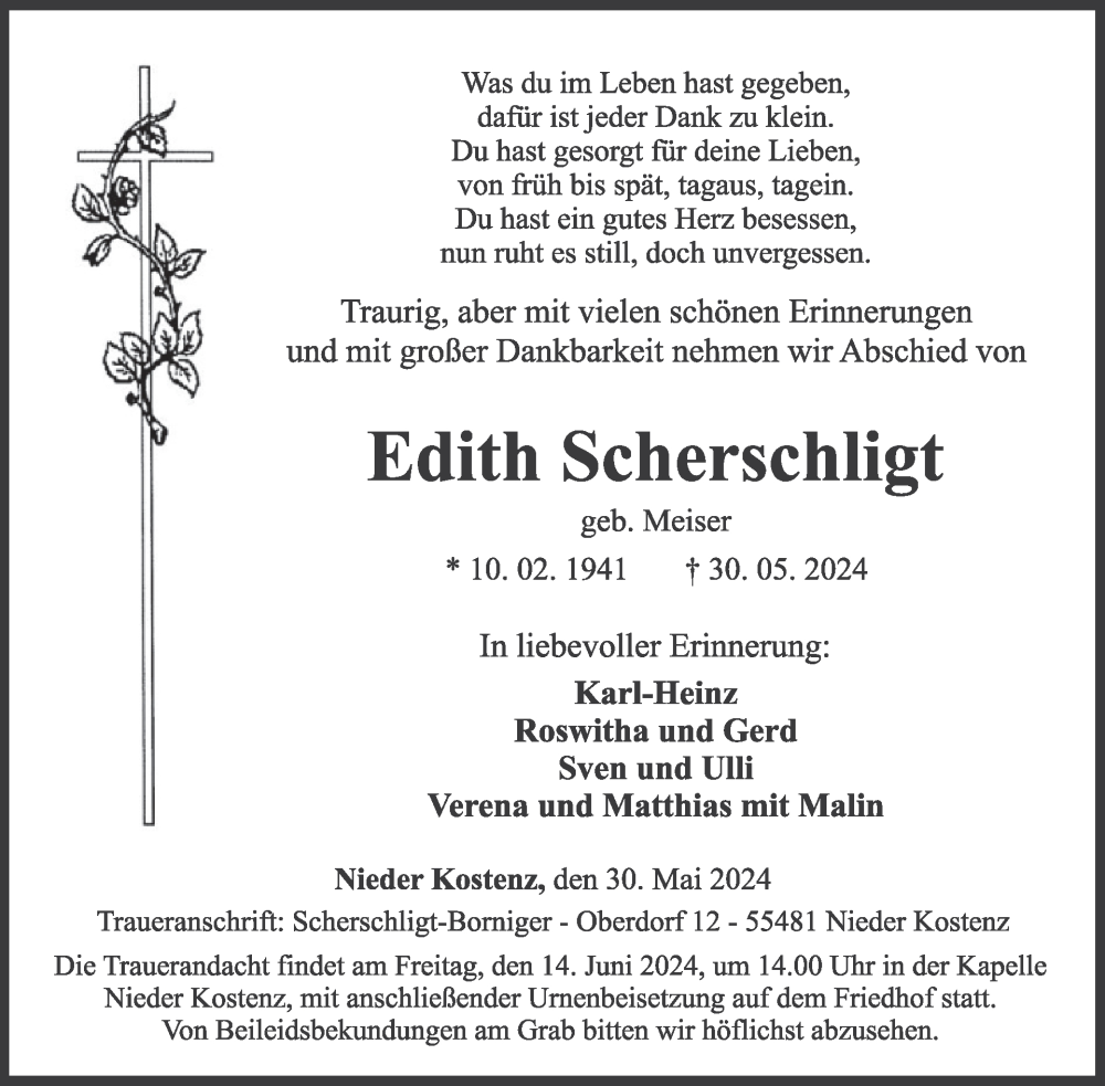  Traueranzeige für Edith Scherschligt vom 08.06.2024 aus WochenSpiegel