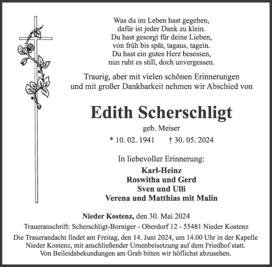 Traueranzeige von Edith Scherschligt von WochenSpiegel