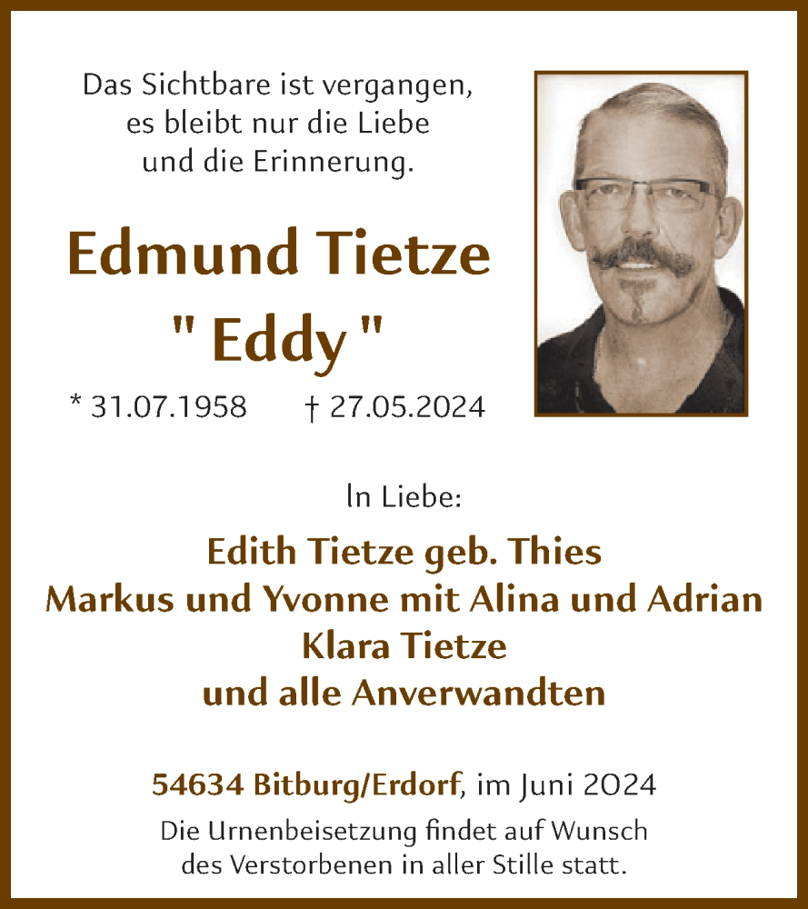  Traueranzeige für Edmund Tietze vom 07.06.2024 aus WochenSpiegel