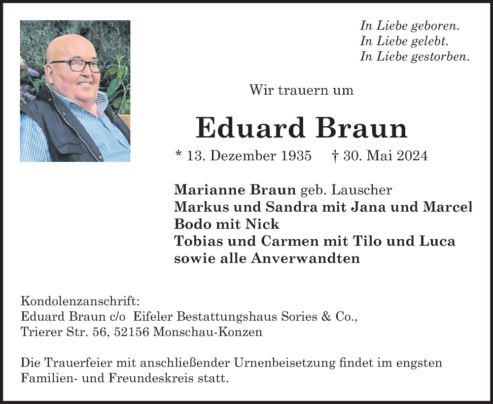 Traueranzeige für Eduard Braun vom 05.06.2024 aus WochenSpiegel