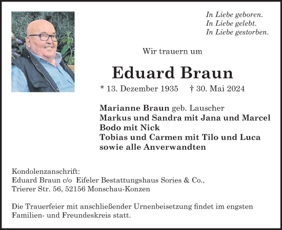 Traueranzeige von Eduard Braun von WochenSpiegel
