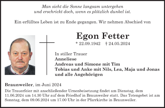 Traueranzeige von Egon Fetter von WochenSpiegel
