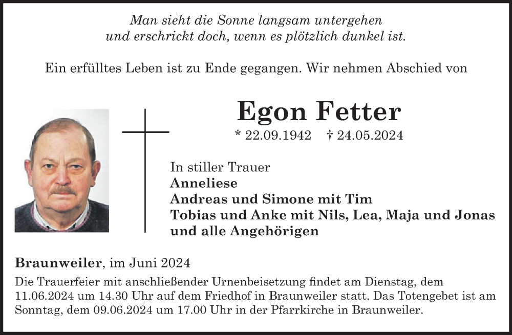  Traueranzeige für Egon Fetter vom 08.06.2024 aus WochenSpiegel