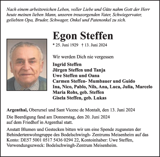 Traueranzeige von Egon Steffen von WochenSpiegel