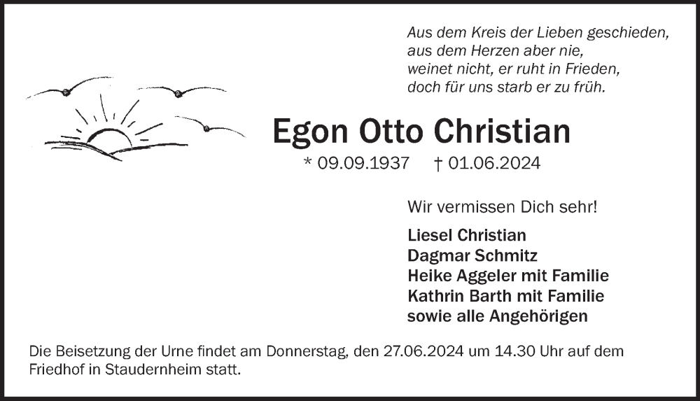  Traueranzeige für Egon Otto Christian vom 15.06.2024 aus WochenSpiegel