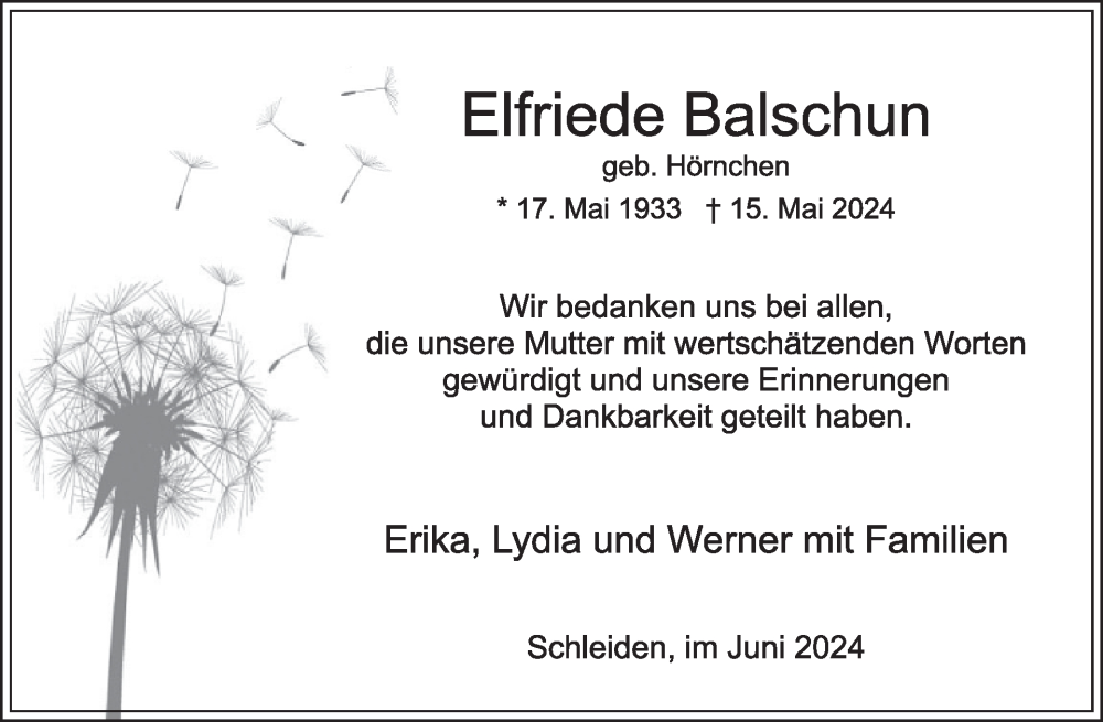  Traueranzeige für Elfriede Balschun vom 19.06.2024 aus WochenSpiegel