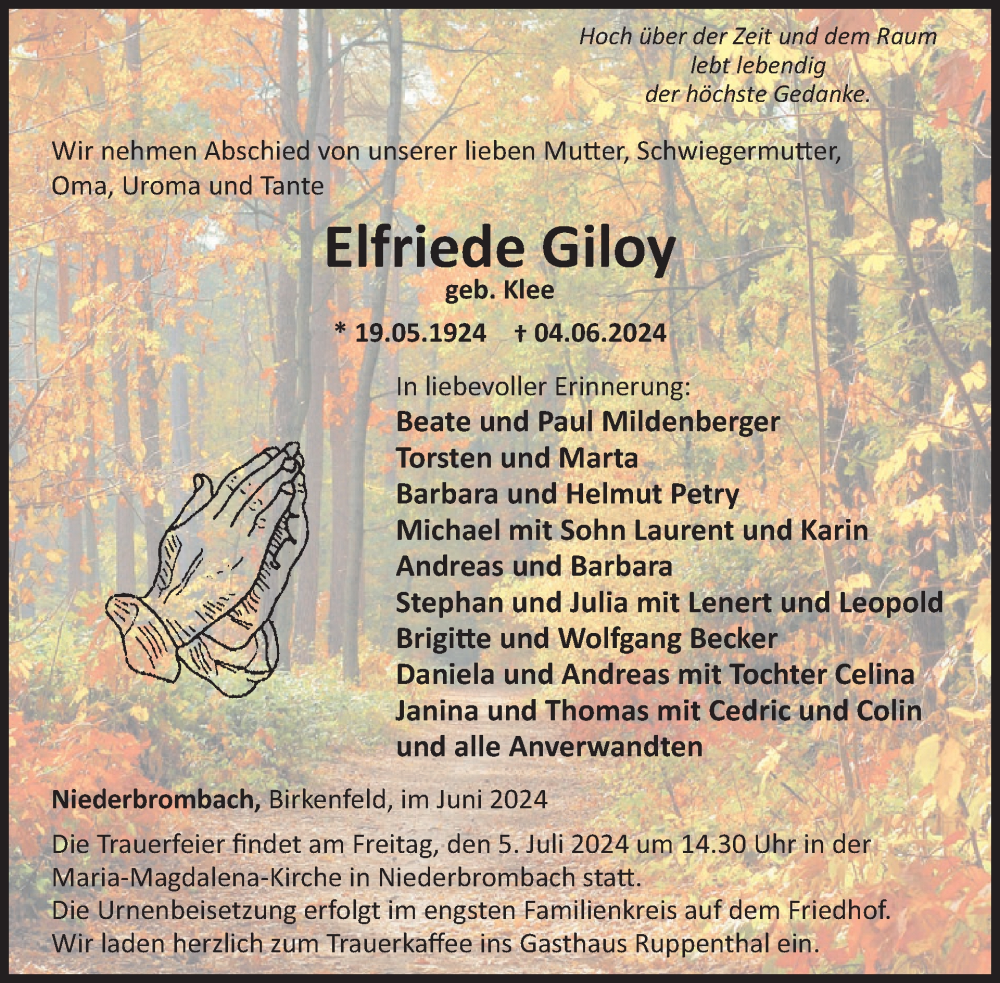 Traueranzeige für Elfriede Giloy vom 29.06.2024 aus WochenSpiegel