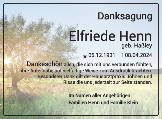 Traueranzeige von Elfriede Henn von WochenSpiegel