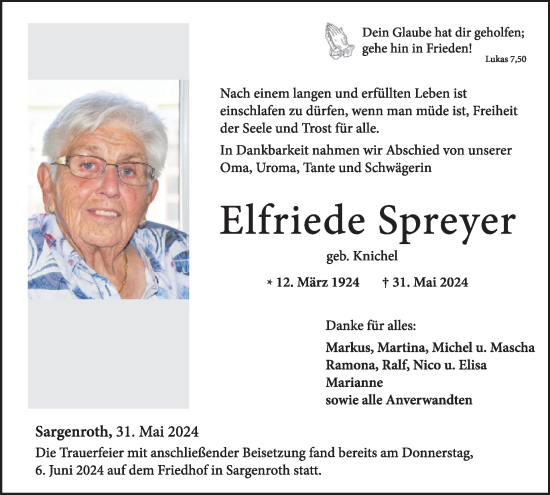 Traueranzeige von Elfriede Spreyer von WochenSpiegel