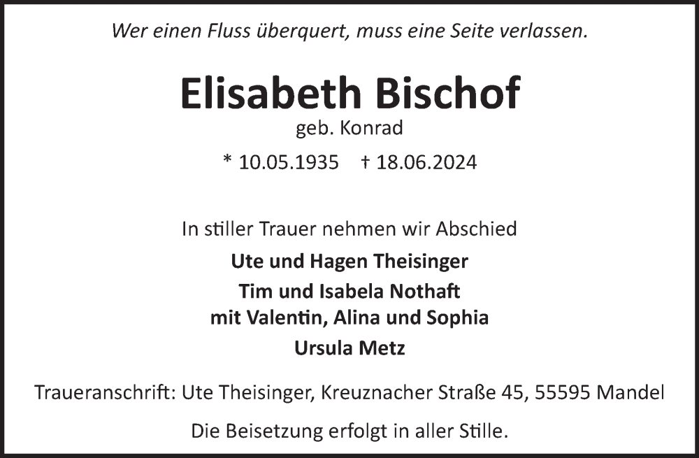  Traueranzeige für Elisabeth Bischof vom 29.06.2024 aus WochenSpiegel