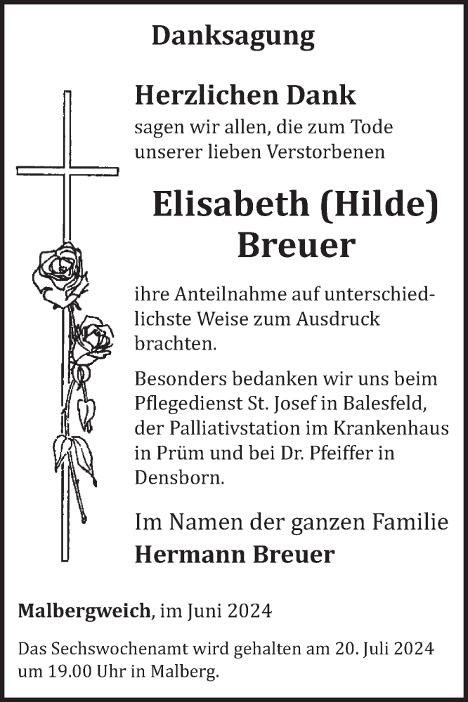  Traueranzeige für Elisabeth Breuer vom 28.06.2024 aus WochenSpiegel
