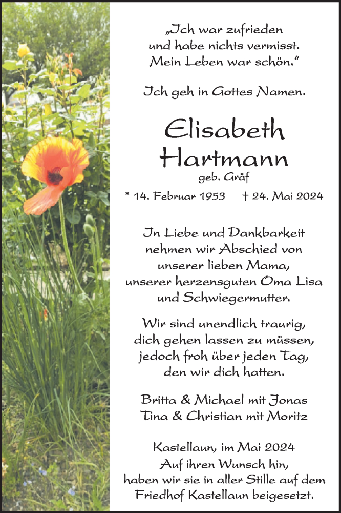  Traueranzeige für Elisabeth Hartmann  vom 15.06.2024 aus WochenSpiegel